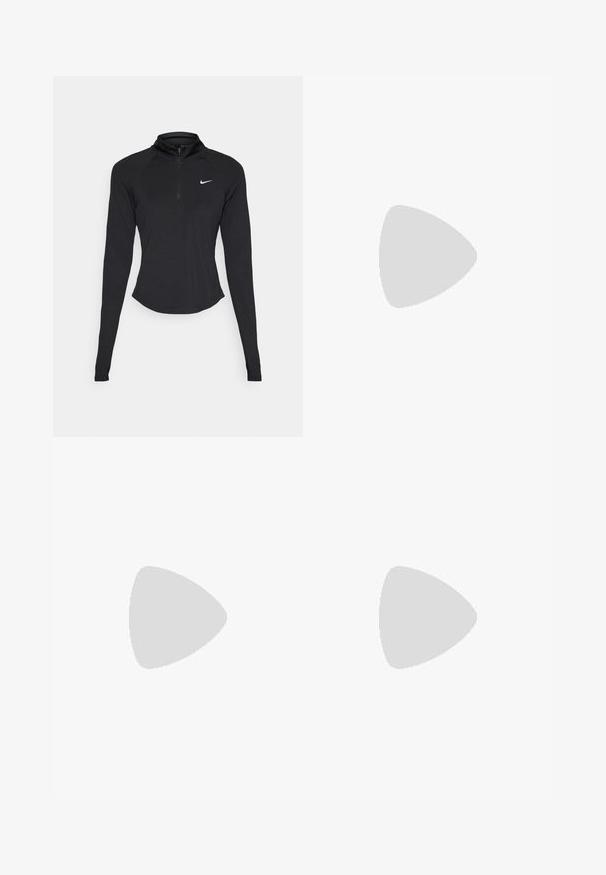 Črna atletska majica z dolgimi rokavi in visokim ovratnikom ter četrt zadrgo. Ima prilegnjen kroj in bel Nike logotip na prsih.; Lahki, kremno obarvane atletske hlače z elastičnim pasom, prileganjem, stranskima žepoma in majhnim črnim logotipom na levi nogi.; Črne športne čevlje z teksturirano tkanino, debelimi oblazinjenimi podplati in vezalkami, v kombinaciji z belimi nogavicami in svetlo bež oblačilom.; Sončne očala z belim okvirjem, sivi detajli in modrimi zrcalnimi lečami. Športna zasnova, ovitek oblike in nastavljivi nosni blazinici.