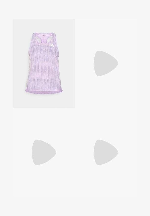 Top atletico viola con tessuto a patterned e texturizzato. Presenta lati con ritagli e un piccolo logo bianco sulla parte anteriore.; Pantaloni corti sportivi grigi con una texture morbida, cintura elastica e orlo leggermente curvato. Presentano piccole perforazioni per la traspirabilità.; Scarpa da corsa viola con tomaia in mesh traspirante, dotata di accenti azzurri e logo a tre strisce. Design della suola leggero e ammortizzato.; Occhiali da sole bianchi con lenti marroni, forma ovale, realizzati in plastica liscia, con dettagli grigi sulle aste e un logo sulla montatura.