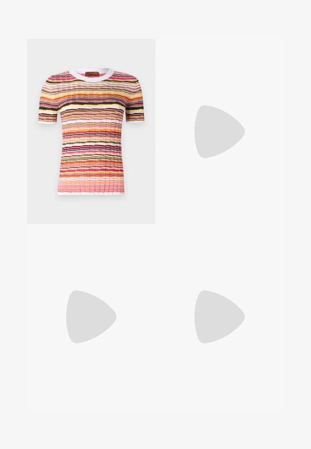 Multicolored short-sleeve knit top with a wavy stripe pattern in pink, orange, black, and yellow. Features a white ribbed neckline.; Striped knit skirt with pastel colors including mint green, coral, and beige. Features a button front and a textured waistband.; Black patent leather slingback pump with pointed toe, slim heel, and a subtle cutout design. Features a gold buckle on the strap.; Woven straw bag with a zigzag pattern, brown leather handle and base, and a rectangular logo patch on the front.