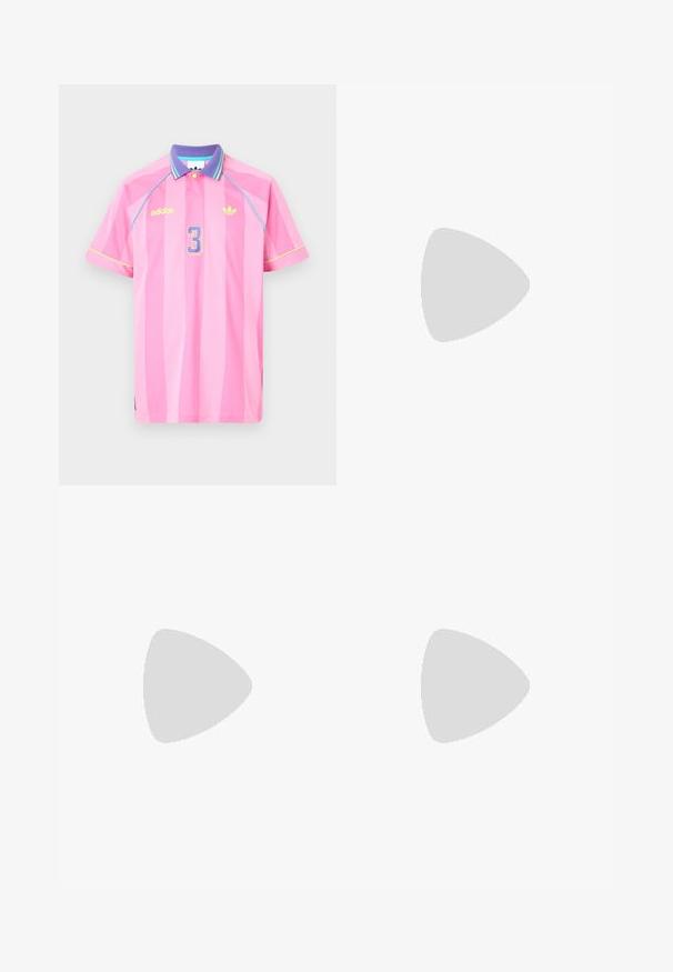 Pink Adidas polo shirt featuring vertical stripes, a purple collar, blue and yellow accents, and the number "3" in light blue on the front.; Dark blue flared jeans with embroidered floral designs on the thighs and lower legs. Features copper-colored stitching and a front button closure.; Blue suede sneakers with white stripes, red and blue accents, and a gum sole. Features textured fabric and a classic athletic design.; Black cat-eye sunglasses with logo on the temple, worn by a model in a brown leather jacket and purple turtleneck, indoors.