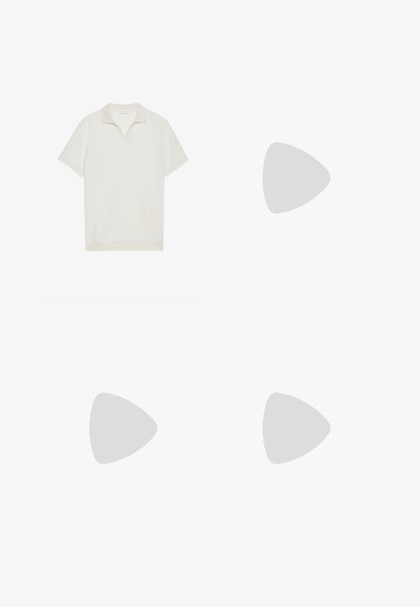 Bijela polu-majica kratkih rukava s V-izrezom i teksturiranim materijalom. Jednostavan dizajn s kontrastnim akcentima na ovratniku i rukavima.; Tamno plave traperice s ravnim krojem, sa svijetlim izbljedjenjem, pet džepova, patentnim zatvaračem i suptilnim kontrastnim šavovima.; Bijele kožne mokasine s glatkom završnom obradom, s prošivenim detaljem, okruglim vrhom i crnom gumenom potplatom za bolju prionbu.; Tri narukvice: srebrna narukvica s valovitim rubovima, narukvica od bijelih i srebrnih perlica, i robusna metalna narukvica s lancem i kopčom.