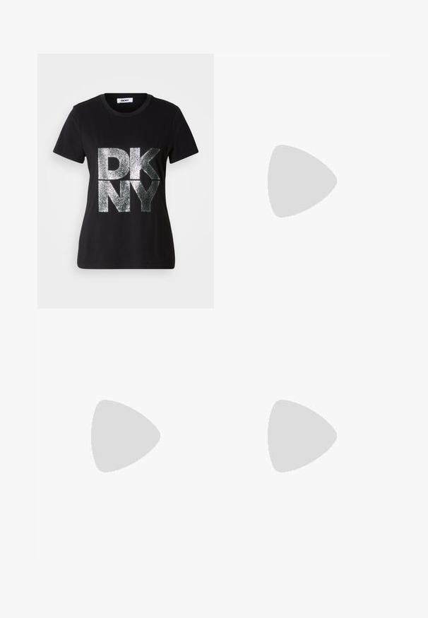 T-shirt preta de manga curta com grandes letras "DKNY" prateadas e brilhantes na frente e decote redondo.; Jeans de ganga de perna larga em azul escuro com acabamento desbotado, apresentando um joelho desgastado e um design clássico de cinco bolsos com etiqueta.; Sandalina de plástico transparente tipo slip-on com padrão em grelha, biqueira arredondada e um pequeno detalhe prateado na tira. Sola flexível em cor translúcida.; Saco hobo de couro preto com uma única alça suave e arredondada; apresenta uma textura suave e um design minimalista. Sem hardware ou acabamentos visíveis.