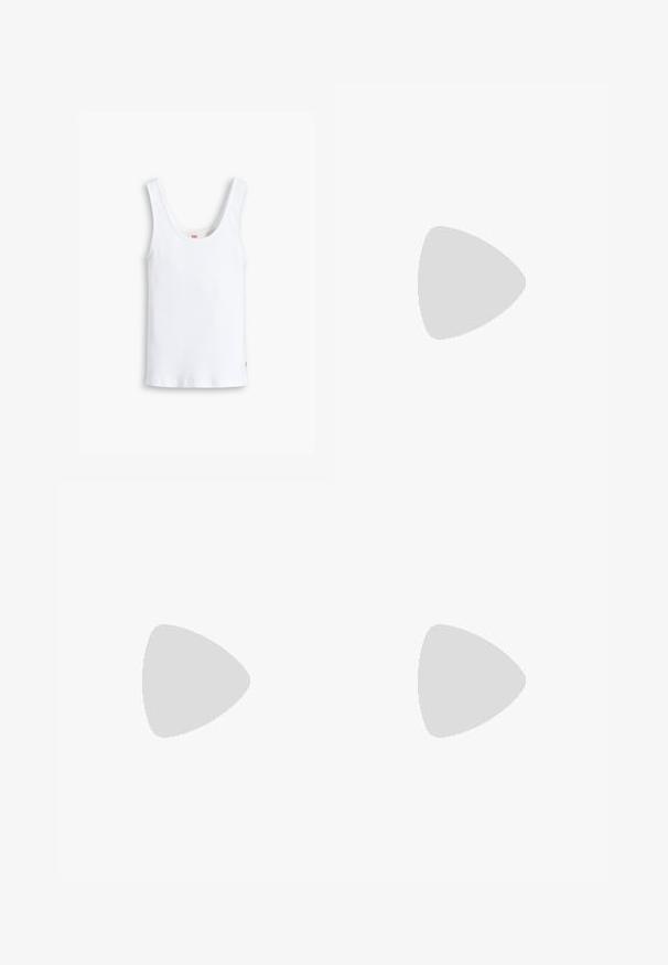 Camiseta sin mangas de algodón blanco con tirantes anchos, un escote redondeado y un dobladillo recto. Presenta una pequeña etiqueta de logo rojo en la parte inferior izquierda.; Jeans beige de pierna ancha fabricados en algodón con una textura suave, que presentan un cierre frontal con botón y un diseño estándar de cinco bolsillos.; Zapatillas deportivas con parte superior de piel blanca, puntera de ante gris y tres rayas negras. Presentan un logo azul en la lengüeta y una suela de goma texturizada.; Bolso de mano de cuero gris con forma estructurada, asas dobles, solapa frontal con cierre dorado y logo en relieve en la parte inferior.