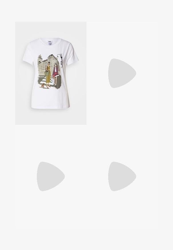 T-shirt en coton blanc avec une illustration imprimée de deux femmes en styles de mode urbaine, accompagnées d'un chien sur un passage piéton, avec des bâtiments de la ville en arrière-plan.; Pantalons larges à rayures gris en tissu texturé. Dotés d'une taille élastique avec un cordon crème.; Baskets basses blanches avec un tab de talon noir, semelle plateforme, lacets et logo "CK" de Calvin Klein sur le côté.; Boucles d'oreilles en argent en forme de créole avec un design texturé comportant des rayures verticales. Forme circulaire avec un fermoir à attache sécurisée. Fini lisse.
