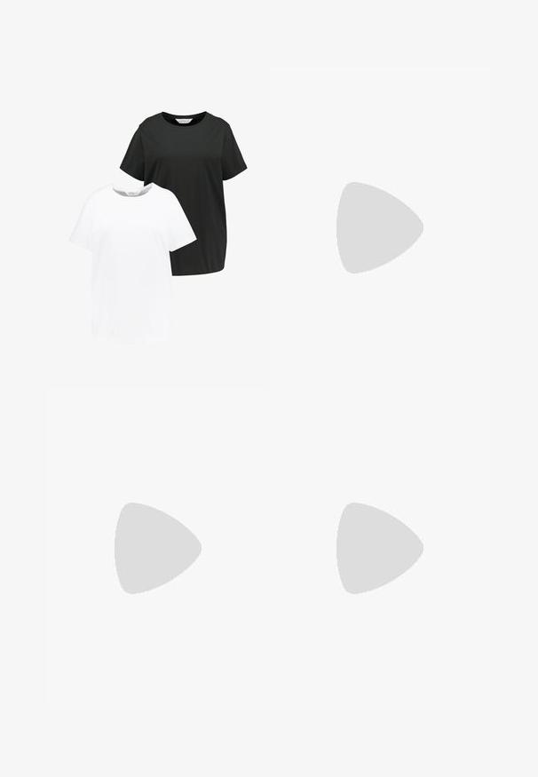 Dos camisetas de cuello redondo en negro y blanco. Manga corta, hechas de suave tejido de algodón, corte recto con un ajuste relajado.; Vaqueros de mezclilla azul oscuro con un diseño de pierna recta, bolsillos frontales, cierre de cremallera y costuras contrastantes visibles.; Zapatillas verde claro con detalles en rosa y suela de goma marrón, que cuentan con un material texturizado y un diseño redondeado y casual.; Gafas de sol transparentes de color rosa con montura redondeada y lentes de un rosa más oscuro. Las varillas son elegantes y ligeramente curvadas, fabricadas en plástico duradero.