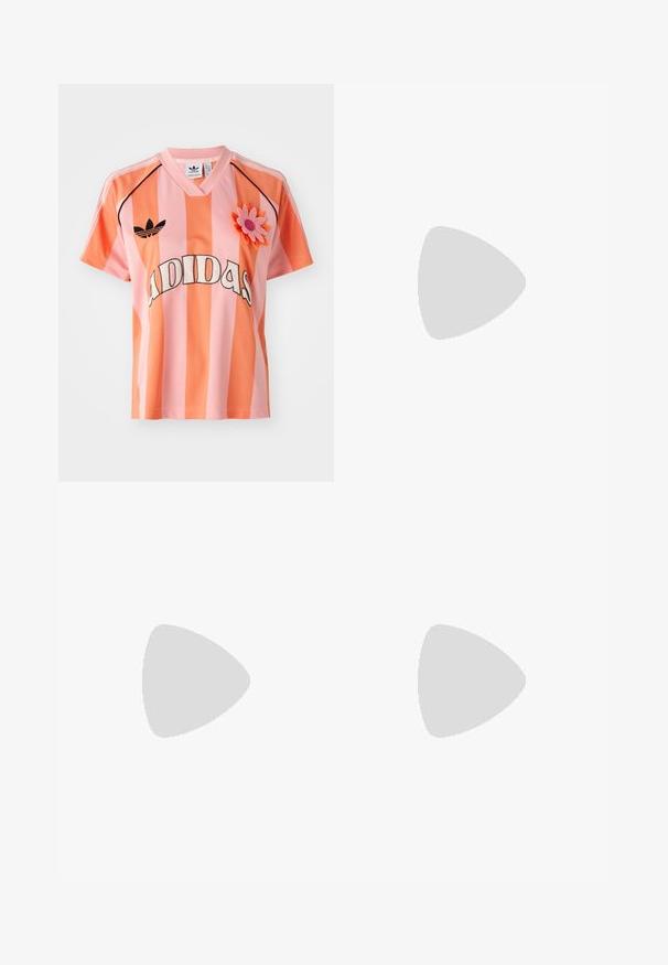 Růžový a oranžový pruhovaný dres Adidas s výstřihem do V, krátkými rukávy a květinovým aplikace. Na přední straně je logo a černé akcenty.; Růžové kalhoty s volnými nohavicemi vyrobené z lehké látky, s elastickým pasem a jemnými bílými bočními pruhy. Malé logo na přední straně.; Červené lakované kožené střevíce na podpatku s špičatou špičkou, malou mašlí na přední straně a decentním, rozšířeným podpatkem.; Pilotské sluneční brýle s modrými gradientními skly, stříbrným kovovým rámem a dekorativními hvězdnými akcenty na sklech. Hladký a elegantní design.