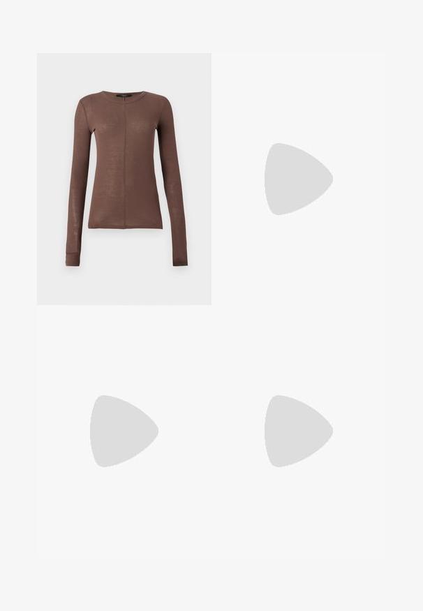 Brown long-sleeve top made of lightweight, smooth fabric. Features a round neckline and subtle front seam detail.; Flared beige jeans made of cotton, featuring a high waist, five pockets, a button closure, and subtle stitching details.; Beige leather ballet flat with rounded toe, minimal seam detailing, low heel, and subtle logo on the back. Smooth, matte texture.; Brown leather handbag with a flap closure, gold-tone hardware, a shoulder strap, and a smooth texture. Compact rectangular shape.