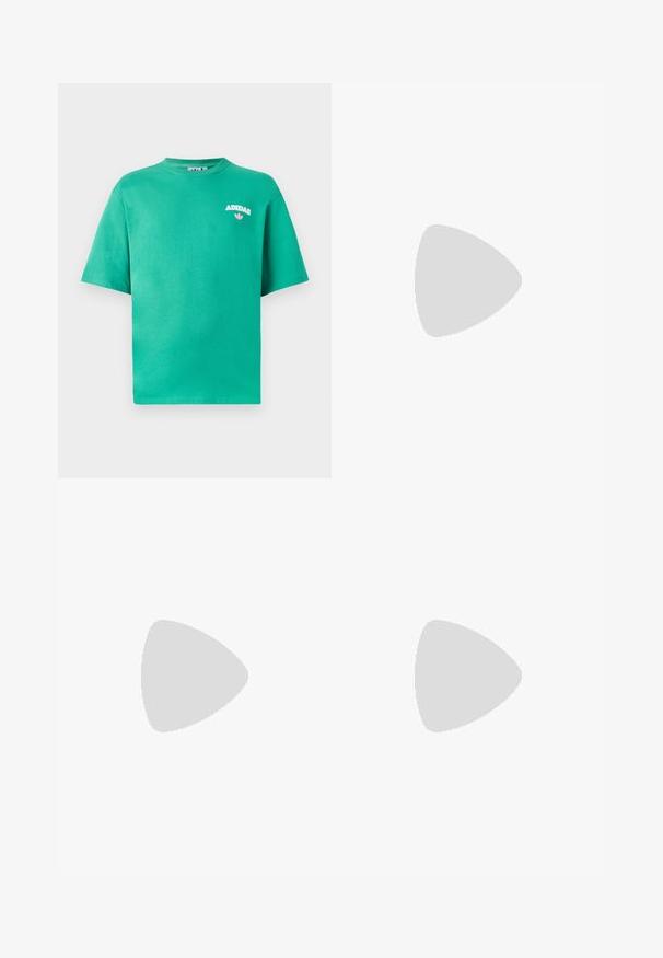 Grön bomull t-shirt med rundad hals, korta ärmar och broderad "ADIDAS"-logotyp på bröstet, med en blommig detalj under texten.; Mörkblå denimjeans med raka ben, hög midja, framfickor och kontrasterande gula sömmar.; Bruna och blå rutiga vida byxor i kombination med vita skor med svarta accenter och texturerade sulor, mot en grön bakgrund.; Svart tygaxelväska med dragkedjestängning, prydd med en vit Adidas-logga och ett randigt justerbart band för enkel bärning.