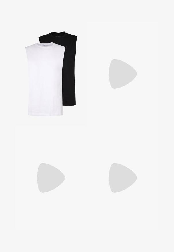 White and black sleeveless cotton T-shirts with round necklines, smooth texture, and minimalistic design. Suitable for various casual settings.; Black shorts made of soft fabric featuring an elastic waistband with a white drawstring, two front pockets, and a logo on the left leg.; Black leather sneaker with textured surface, white Nike swoosh, gray sole, round toe, and lace-up design. Features perforations on toe box.; Gray oversized sunglasses with a sleek plastic frame, flat lenses, and straight temple arms. Matte finish with no additional embellishments.