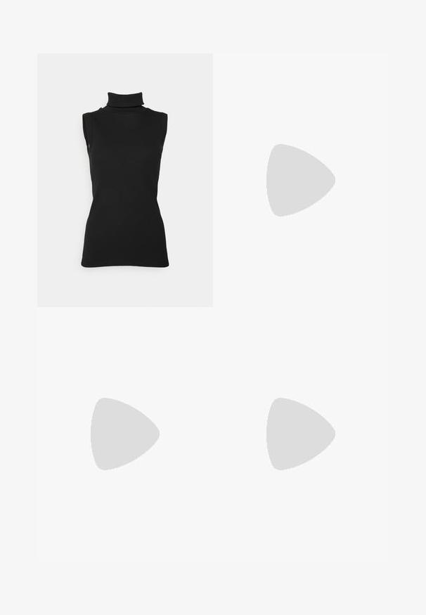Top negru fără mâneci, din țesătură cu dungi, cu guler înalt și o siluetă ajustată. Textură netedă, cu detalii minime.; Tricou negru cu mânecă scurtă, realizat dintr-un material ușor, având un sistem de închidere cu nasturi și un guler clasic. Textură simplă, fără modele.; Shorts griș deschis cu un brâu structurat, pliuri și o croială lejeră, fabricate dintr-o țesătură de in netedă. Design simplu și versatil.; Încălțăminte sport bej cu plasă și suprapuneri sintetice, având o suprafață texturată, guler umplut și amortizare „ABZORB” la călcâi.; Ochelari de soare rectangulari negri cu lentile nuanțate de albastru, cu rame groase și un accent circular auriu pe lateral. Finisaj elegant și lucios.