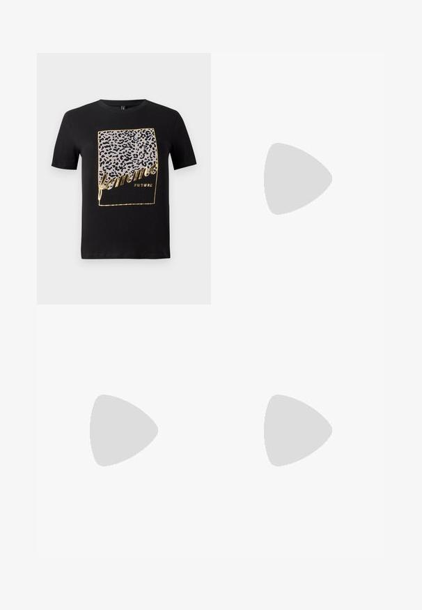 Black cotton T-shirt featuring a leopard print design in gray and gold with the text "femme FUTURE" in a stylized font. Short sleeves.; Black faux leather pants with a flared leg design, featuring a smooth, glossy texture and a high waist. Simple and sleek appearance.; Black leather slingback heels with a pointed toe, small kitten heel, and a decorative knot detail on the front. Smooth texture throughout.; Black faux leather handbag with a crocodile texture, cinched top, and a scrunched strap. Appears soft and compact in design.