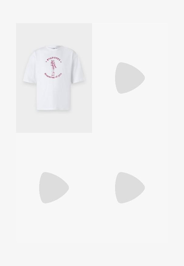 White cotton t-shirt featuring a red graphic print of a couple and text "Fiorucci 1967 dreaming of you" in circular arrangement.; Black cargo shorts made of cotton. Features include two side pockets, a relaxed fit, and a flat front with a button closure.; White flip-flop with a textured footbed, slim straps, and a multicolored accent line on the sole. Features logo on the strap.; Green rectangular sunglasses with solid dark lenses, thick transparent frames, and a slight glossy finish. Accents on the temples.