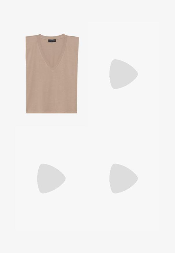Beige sleeveless V-neck top with a black label reading "ANNA FIELD" at the collar, laid flat on a white background.; Beige tailored trousers with pleated front, wide legs, and a smooth texture. Features a classic waistband and side pockets.; Black patent leather loafer with a flat sole, rounded toe, and a decorative strap featuring a gold-tone accent. Smooth, shiny finish.; Brown leather shoulder bag with a structured shape, featuring a magnetic flap closure and a metallic logo accent on the front.