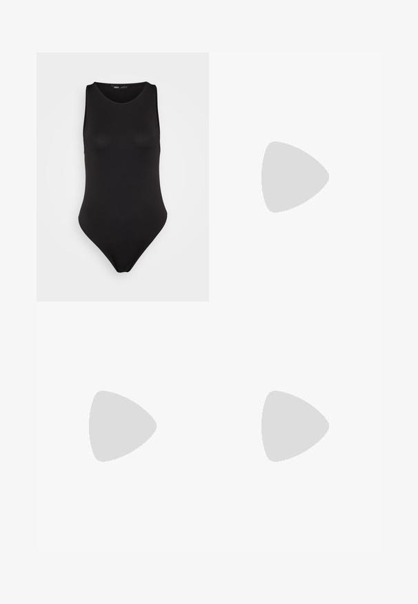 Fekete, ujjatlan bodysuit sima, rugalmas anyagból, testhezálló kialakítással, magasra vágott lábrészsel és minimalista stílussal.; Fekete, térd hosszúságú ceruza szoknya, sima anyagból készült. Hátul hasított és oldalzsebekkel rendelkezik, egyszerű kivitelezésű és semleges színű.; Fekete bőr sportcipő, amely robusztus kialakítású, fém szeméttel, lapos fűzőkkel és vastag, texturált gumitalppal rendelkezik.; Ez egy ezüst fülbevaló, sima felülettel, amelyen apró arany díszítőelemek találhatók. Kerek formájú és a fülcimpán viselik.