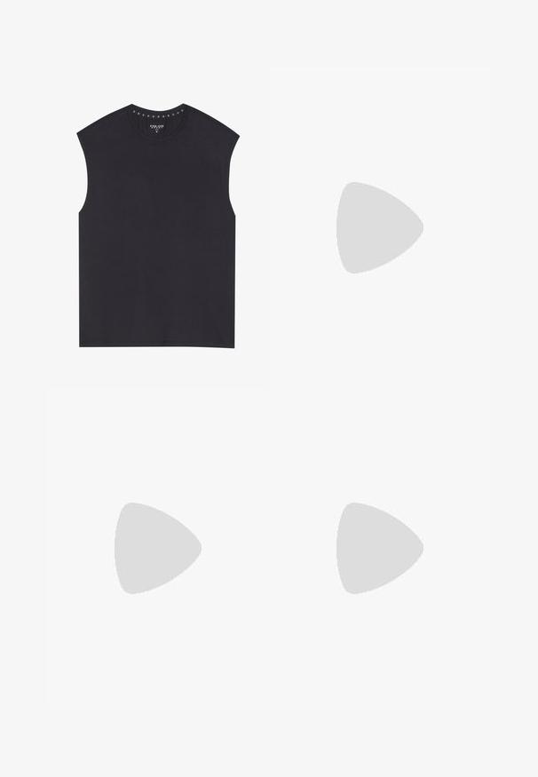 Haut noir sans manches avec un col rond, ornée de clous décoratifs le long du bord intérieur du col. Fabriqué en tissu lisse avec une coupe décontractée.; Shorts de sport noirs avec un design ajusté, une taille élastique, un cordon de serrage et un logo réfléchissant sur le côté inférieur.; Baskets de course jaunes avec accents gris, tige en mesh respirant, design texturé, semelle intermédiaire rembourrée et semelle extérieure en caoutchouc. Étiquette "Fresh Foam" visible.; Lunettes de soleil en plastique noir avec verres verts, monture carrée, accent argenté sur le sourcil et branches texturées. Marque indiquée sur l'intérieur de la branche.