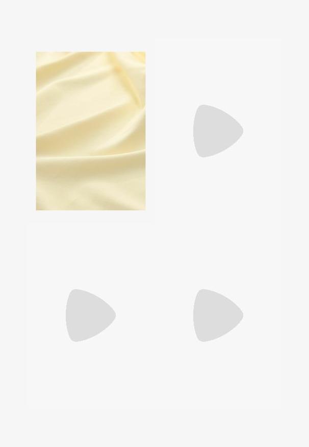 Țesătură galben deschis, cu o textură moale și netedă, afișând plii delicate și un luciu subtil, potrivită pentru îmbrăcăminte sau tapiserie.; Țesătură de denim în nuanța albastră deschisă, având un imprimeu floral. Include o închidere cu buton argintiu și cusături bej pe tivuri. Eticheta brandului este vizibilă.; Sandale albe cu toc înalt și gros, cu un design cu curele și legătură la gleznă. Textură netedă, cu o platformă frontală pentru înălțime suplimentară.; Geantă sintetică albă, cu formă triangulară, capac frontal plat și detaliu cu fundă, curea ajustabilă, textură netedă și design minimalist.