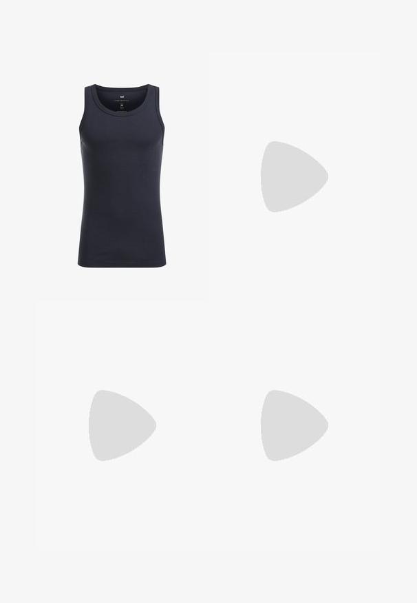 Dark navy blue cotton tank top with a round neckline, sleeveless design, and a smooth, soft texture. Size marked as medium.; Light blue denim jeans with a straight-leg design, five pockets, and a button closure. Features visible stitching and a clean finish.; Yellow rubber flip-flop with textured footbed, thin straps, and multicolored stripes along the sole. Brand logo on the strap.; Black plastic sunglasses with green lenses, square frames, silver accent on the brow, and textured temple arms. Stated brand on inner arm.