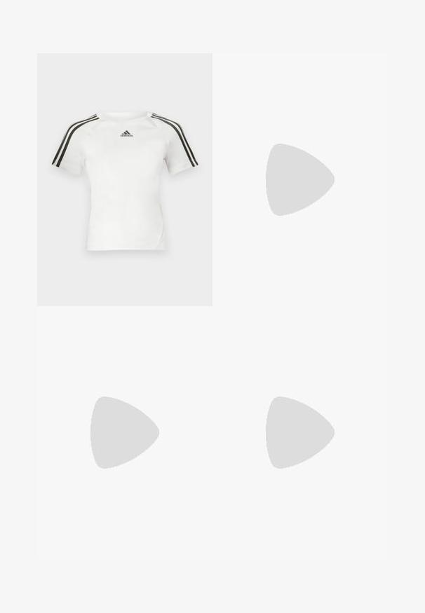 Valkoinen lyhythihainen urheilupaita, jossa musta kolmi-nauha design olkapäillä, sileä pinta ja pieni musta adidas-logo rinnassa.; Valkoinen urheiluhame, jossa on tiukka vyötärö ja levenevä helma. Valmistettu kevyestä, hengittävästä kankaasta, jossa on sileä pinta.; Urheilukengät, joissa on valkoinen nahkainen päällinen, harmaa mokkanokka ja kolme mustaa raitaa. Ominaisuuksina sininen logo kielekkeessä ja kuvioitu kumipohja.; Mustat aurinkolasit neliömäisellä kehykellä, tummilla linsseillä ja kultaisella logovivahteella varressa. Sileä muovimateriaali, jossa on mattapinta.