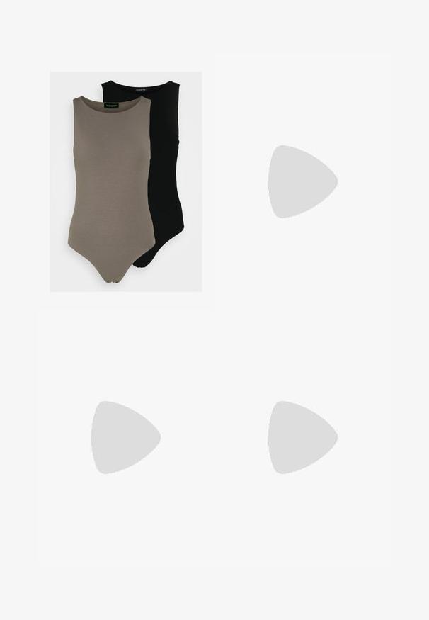 Dva bezrukávové body v olivovo zelenej a čiernej farbe. Vyrobené z hladkej tkaniny s okrúhlym výstrihom a vysokým strihom nohavíc.; Čierna maxi sukňa s širokým elastickým pásom; vyrobená z mäkkého, pružného materiálu; má splývavý dizajn a dĺžku po zem.; Športové topánky s bielym koženým zvrškom, šedou semišovou špičkou a tromi čiernymi pruhmi. Obsahujú modré logo na jazyku a štruktúrovanú gumovú podrážku.; Čierna tkaná taška na rameno s dvoma rúčkami, s textúrovaným povrchom a obdĺžnikovým tvarom. Jednoduchý, jedinečný dizajn bez viditeľných kovových prvkov.