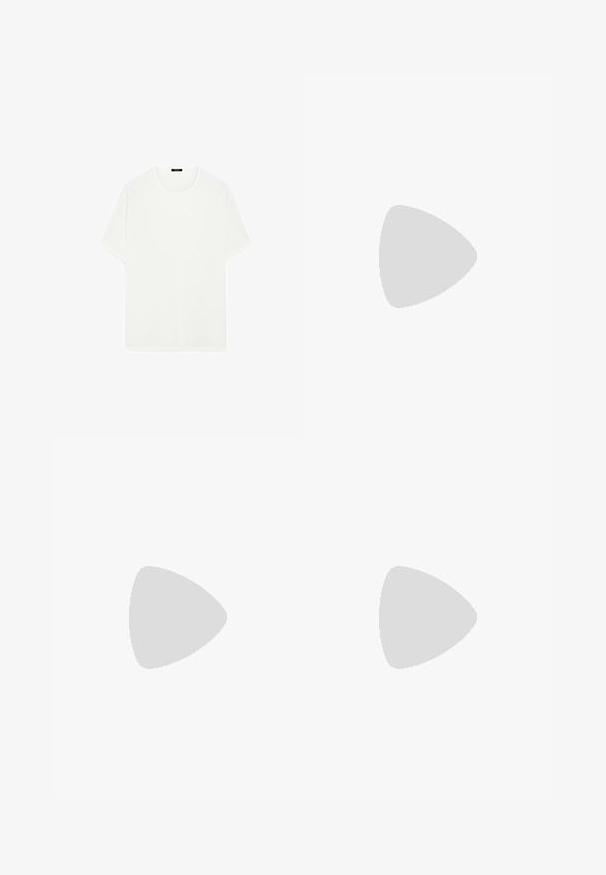 White short-sleeve t-shirt made of soft fabric. Features a classic crew neckline and a straight cut, with no visible patterns or accents.; Gray tailored trousers made of textured fabric, featuring a straight-leg design, front pleats, and a standard waistband with belt loops.; Brown suede loafer with a rounded toe, featuring a decorative strap across the upper, and a low leather heel. Smooth texture and minimal design.; Black leather tote bag with smooth texture, two sturdy handles, and a wide base. Features minimal stitching and an open top design.