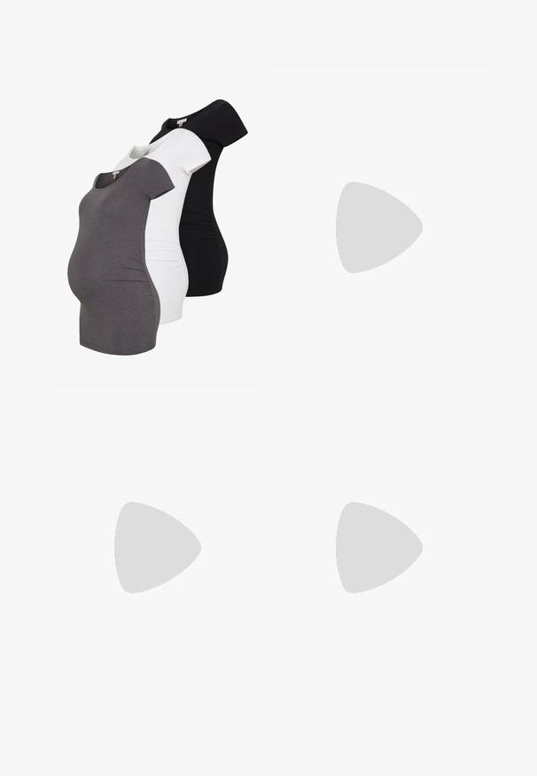 Kolme äitiys T-paitaa harmaana, valkoisena ja mustana. Jokaisessa on pyöreä pääntie, lyhyet hihat ja kootut sivusaumat istuvuutta varten.; Äidin housut oliivinvihreänä, harmaalla joustovyöllä. Varustettu vyötärönauhan soljella ja rentoa istuvuutta mukavuuden takaamiseksi. Sileä pinta.; Musta litteä kenkä, jossa on pehmeä, teksturoitu päällinen, jossa on kaksi säädettävää hihnaa ja pyöristetty kärki, kiinnitetty tasaiselle kumipohjalle.; Hopehopeet hopehopeet hopehopeet hopehopeet, jolla on sileä, kiiltävä pinta. Pyöreä muoto, kevyt rakenne, jossa on neulakiinnitys.