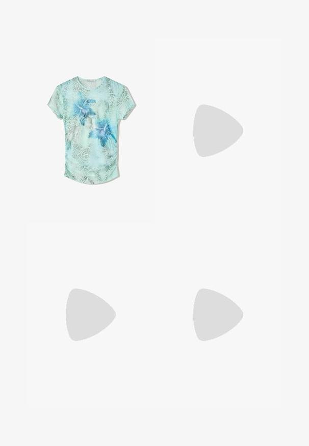 Bershka SHORT SLEEVE - Blouse - dark blue; Navy blue skirt with a smocked waist, layered ruffled design, satin ribbon accent, and subtle decorative stitching detail.; White, flexible flip-flop with a smooth finish, open toe, and a raised textured sole. Features a minimalist design with no extra accents.; Maui Jim UNISEX - Sunglasses - green; Blue denim bag with a padded, rounded shape and a curved handle. The texture is soft, featuring visible stitching and a smooth finish.