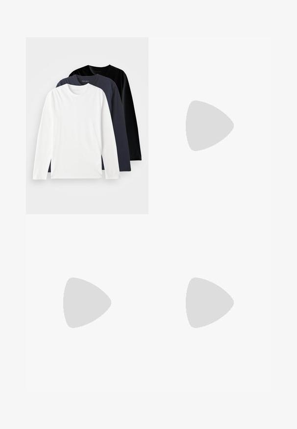 Three long-sleeve T-shirts stacked: one white, one dark navy, and one black. Made of smooth cotton, featuring round necklines and side slits.; Green corduroy wide-leg pants with a soft texture. Worn with a light green shirt and black and white sneakers. Simple, practical design.; Running shoe features a silver and white mesh upper with a green accent. The sole is chunky and textured, designed for cushioning and support.; Black nylon crossbody bag with adjustable strap, featuring a drawstring closure and embossed logo detail. Worn over a gray t-shirt.