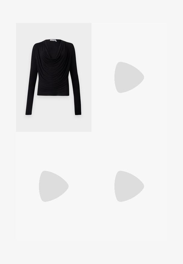 Sorte langermet topp med drapert hals, tettsittende design, myk tekstur og glatt stoff. Merket sier "WEEKDAY."; adidas Originals ADICOLOR ADIBREAK MAXI - Maxiskjørt - black; MIISTA MALENE - Støvler - red; Sorte solbriller med oval form og mørke linser. Elegant plastikkramme med teksturerte detaljer på armene. Merkevare på siden.; Lauren Ralph Lauren NYLON MEDIUM KEATON TOTE BAG - Shoppingveske - black