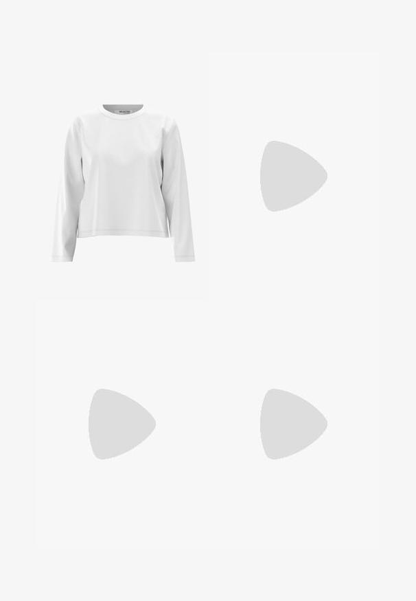 Bílý dlouhý rukáv top s kulatým výstřihem, vyrobený z měkké tkaniny, s minimálními švy a volným střihem.; Krémová midi sukně vyrobená z lehkého materiálu, s elastickým pasem, řaseným designem a lemem s jemným třásňovým detailem.; Bílé a šedé tenisky s červenými a růžovými tkaničkami, zelenými hvězdnými akcenty a žlutým podpatkem. Nosit s proužkovanými béžovými ponožkami. Modré pozadí.; Zign Náramek - silver-coloured