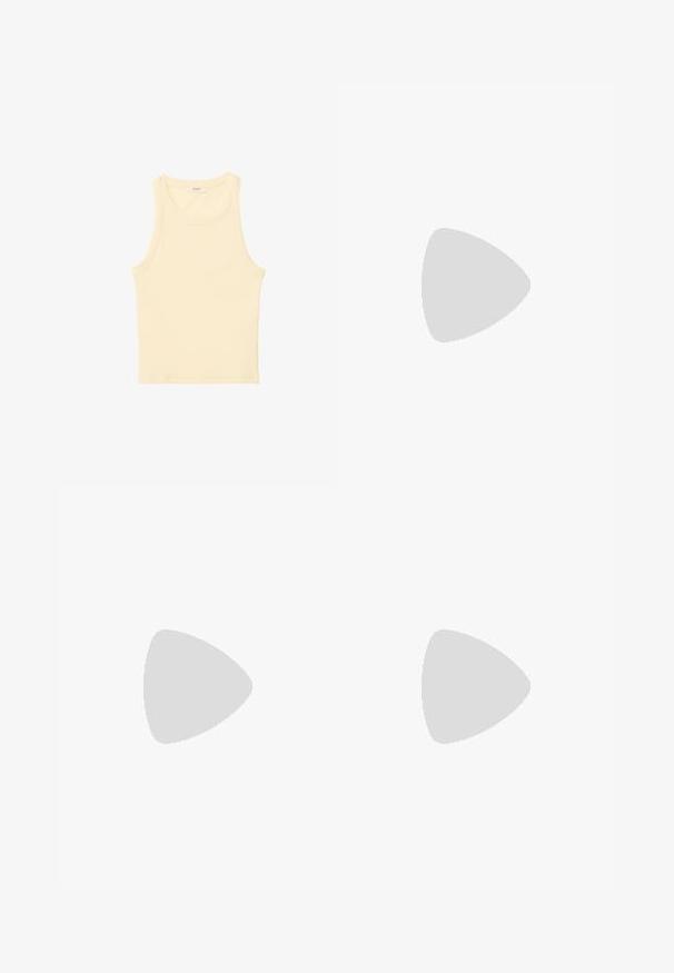 Stradivarius Top - light yellow; Wide-leg dark denim jeans with contrasting stitching, featuring front pockets and a button closure. Paired with light-colored sneakers.; Yellow block-heeled sandals with three adjustable straps, square toe design, smooth synthetic material, and silver-tone buckles.; Pink leather handbag with a curved flap, single shoulder strap, and clean lines. The bag exhibits a smooth texture and minimalistic design.