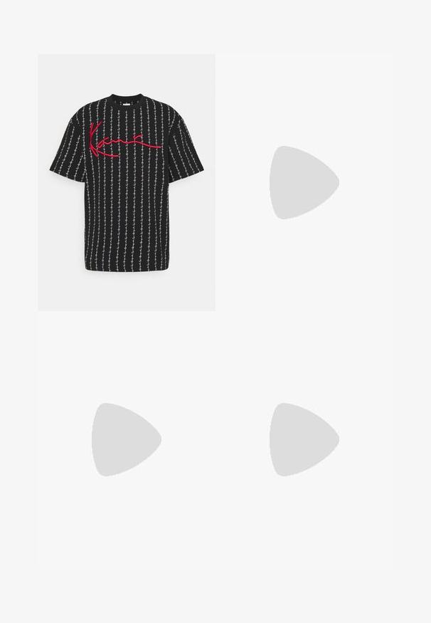 Black t-shirt featuring white vertical patterns with a red cursive logo. Loose fit, round neckline, and short sleeves. Soft fabric texture.; Black athletic shorts with an elastic waistband, two side pockets, and a small white "PEGADOR" logo on the lower right leg. Lightweight material.; Black low-top sneakers with white laces and stitching, paired with loose beige cargo pants, standing on blue carpet.; Black sunglasses with rectangular lenses, matte plastic frame, and straight edges. Features brand logo on the inner arm.
