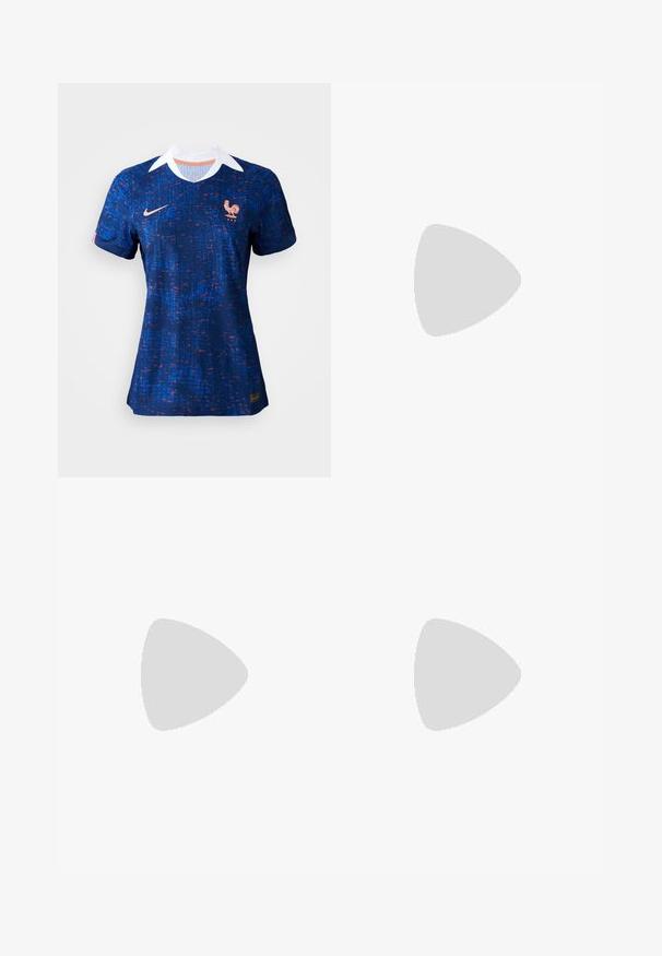 Blue soccer jersey with a textured design, featuring a white collar, Nike logo, and the French national team's rooster emblem.; Brown, knee-length skirt with an elastic waistband, textured fabric featuring a diamond pattern in a lighter tone, lightweight and flowy.; Red open-toe mules with a low heel, featuring multiple horizontal straps with circular accents. Smooth, glossy finish. Square toe shape.; Gold sequin drawstring handbag with a circular handle, featuring shiny round sequins and a textured fabric. Dimensions are not provided.