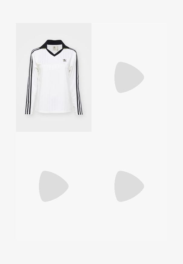 Long-sleeve Adidas shirt in white with a V-neck, featuring black stripe accents on the sleeves and a small logo on the chest. Textured fabric.; Black cargo pants made of durable fabric, featuring two side pockets, a button closure, and a relaxed fit with straight legs.; Black high-top athletic shoe with a textured fabric upper, featuring three white stripes and a laced front design. Flat rubber sole at the base.; Black crossbody bag with a zippered pocket, rectangular shape, made of fabric, featuring a logo patch on the front, adjustable shoulder strap.