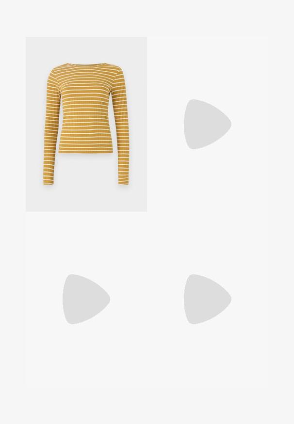Camisola de mangas longas em amarelo mostarda com riscas horizontais brancas. Apresenta um decote redondo e um corte ajustado. Textura suave.; Saia mini em veludo cotelê castanho com corte reto, cinco fechos de botão prateados e uma textura vertical subtil por toda a peça.; Sandy em verniz preto com salto slingback, ponta afilada e salto geométrico. Apresenta um design elegante e minimalista com textura suave.; Saco hobo preto em pele com uma textura lisa, forma curva e uma única alça ajustável; apresenta uma abertura larga na parte de cima.