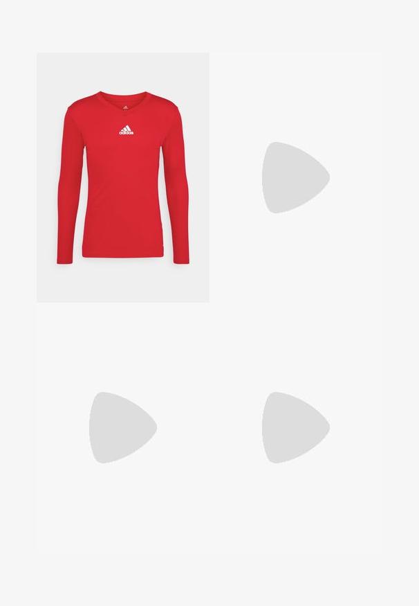 Red long-sleeve athletic shirt made of smooth, stretchy fabric. Features a V-neckline and white Adidas logo on the chest.; Black athletic shorts made of lightweight material, featuring an elastic waistband, side pockets, and a white Adidas logo on the left leg.; Black athletic shoe with a textured upper and a gray, cushioned sole featuring air pockets and a distinctive tread pattern.; White plastic sunglasses with large oval lenses, gray tinted. Features black ear grips and a small logo on the frame. Smooth finish.