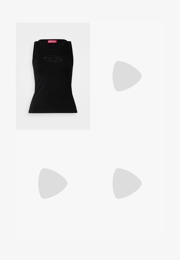 Black sleeveless tank top made of soft cotton, featuring a subtle embossed logo in the center, and a red branded label in the neckline.; BOSS C TMARLENE D - Relaxed fit jeans - dark purple; Silver and black athletic shoe with a mesh and synthetic upper, voluminous design, and a textured finish. Features a padded collar and rubber sole.; Black leather tote bag with a smooth texture, rounded body, and a single shoulder strap featuring a circular gold hardware accent.; Silver hoop earrings with a smooth, shiny finish. Rounded shape, lightweight design, featuring a post-back closure.