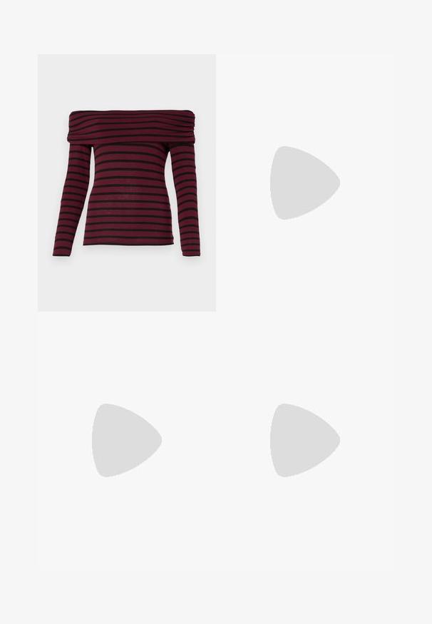 Burgundia värvi õlavarrelt avatud pika varrukaga pluus mustade horisontaalsete triipudega, millel on rikka kaelus ja liibuv siluett. Pehme kangastekstuuri.; Mustad denim flared teksad, millel on erineva suurusega hõbedased tähesädelused. Kõrge vöökohaga disain koos taskute ja nupulukuga.; Kuldne, metallilised slingback-kudumid terava varba ja paksu kontsaga. Sile tekstuur, minimalistlik disain ja kitsas rihm.; Mustast nahast hobo kott, millel on sile tekstuur, kumer kuju ja üks reguleeritav rihm; peal on lai avaus.