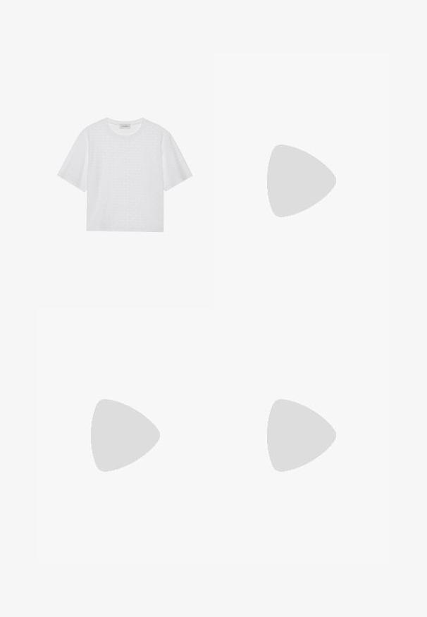 White short-sleeve top with a round neckline featuring a textured dot pattern throughout and a relaxed fit. Soft fabric with a smooth finish.; Pink Nike sweatpants with elastic waistband, drawstring, side pockets, snap buttons along legs, and a black and white logo patch on thigh.; Pale pink slingback flats with a pointed toe, made from a smooth leather-like material. Features cut-out details at the sides and a flat heel.; Brown leather crossbody bag with a curved shape, gold hardware, and a buckle accent. Features a detachable shoulder strap.