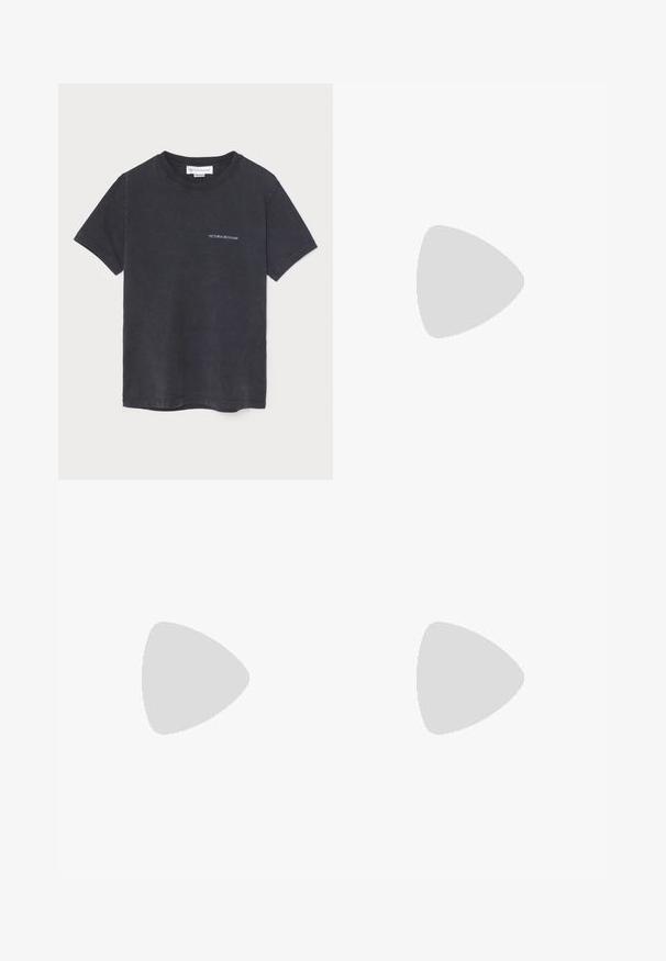 Black cotton t-shirt with short sleeves, crew neck, and subtle "Victoria Beckham" text in light blue on the front left. Soft texture.; Victoria Beckham WRAP DETAIL SKIRT - Denim skirt - pale blue wash; Stuart Weitzman ROSIE SLINGBACK - Classic heels - cream; Victoria Beckham DIA HOBO BAG - Tote bag - black