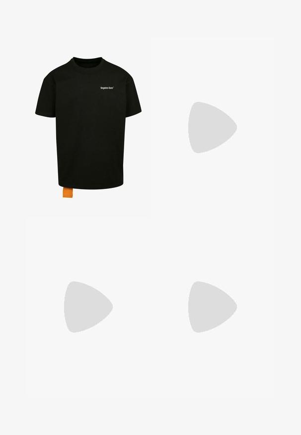 Black cotton t-shirt with a loose fit, crew neck, and short sleeves. Features white text logo on the chest and an orange tag at the hem.; Navy blue shorts made of soft fabric, featuring a drawstring waist, side pockets, and a simple, clean design. Smooth texture.; White leather sneakers with perforations, round toe, flat sole, and thick laces, featuring a visible swoosh logo and "AIR" on the heel.; Black fabric sling backpack with a smooth texture, featuring a curved design, zippered compartment, and a white logo on the front.