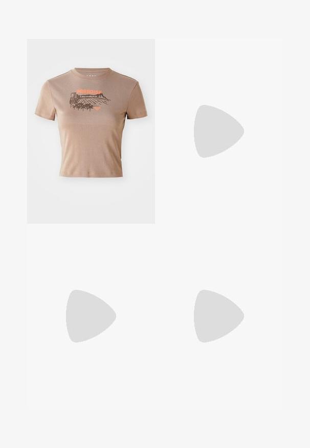 Καφέ βαμβακερό T-shirt, κοντά μανίκια, λαιμόκοψη crew. Στο μπροστινό μέρος έχει γραφικό "PARADISE" σε πορτοκαλί χρώμα με σχέδιο τοπίου και φοινικόδεντρα.; Φωτεινό πράσινο παντελόνι με φαρδύ πόδι και λευκό λουλουδάτο σχέδιο. Κατασκευασμένο από υφασμάτινη ύφανση, διαθέτει ελαστική μέση και χαλαρή εφαρμογή.; Λευκά καμβά χαμηλά sneakers με καουτσούκ σόλα, στρογγυλή μύτη, κλείσιμο με κορδόνια και πλευρική λεπτομέρεια από δέρμα.; Γυαλιά ηλίου με μεταλλικό χρυσό σκελετό και σκούρους φακούς, σε σχήμα γατίσιας ματιάς, με μαύρους βραχίονες που περιλαμβάνουν ένα πολύχρωμο διακοσμητικό στοιχείο στη μία πλευρά.; Ασημένια σκουλαρίκια κρίκοι με στριφτό σχέδιο, διαθέτοντας γυαλιστερή φινέτσα και κλείσιμο με πίσω στήριγμα. Έχουν διάμετρο περίπου 3 εκ.