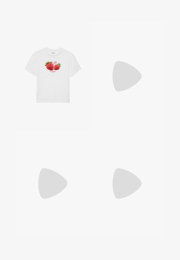 Maglietta bianca in cotone con una grafica di due lamponi rossi con foglie verdi, e la scritta "frutta fresca" e "dolce e gustosa" sottostante.; Jeans a gamba larga di colore blu chiaro in denim, con la scritta cucita "Donald e Daisy" sulla gamba sinistra. Presentano un classico design a cinque tasche e passanti per la cintura.; Steve Madden KARI - Decolleté - white; Borsa a tracolla in pelle rossa con un design angolare e geometrico. Presenta una singola tracolla regolabile e una chiusura a patta con dettagli cuciti.