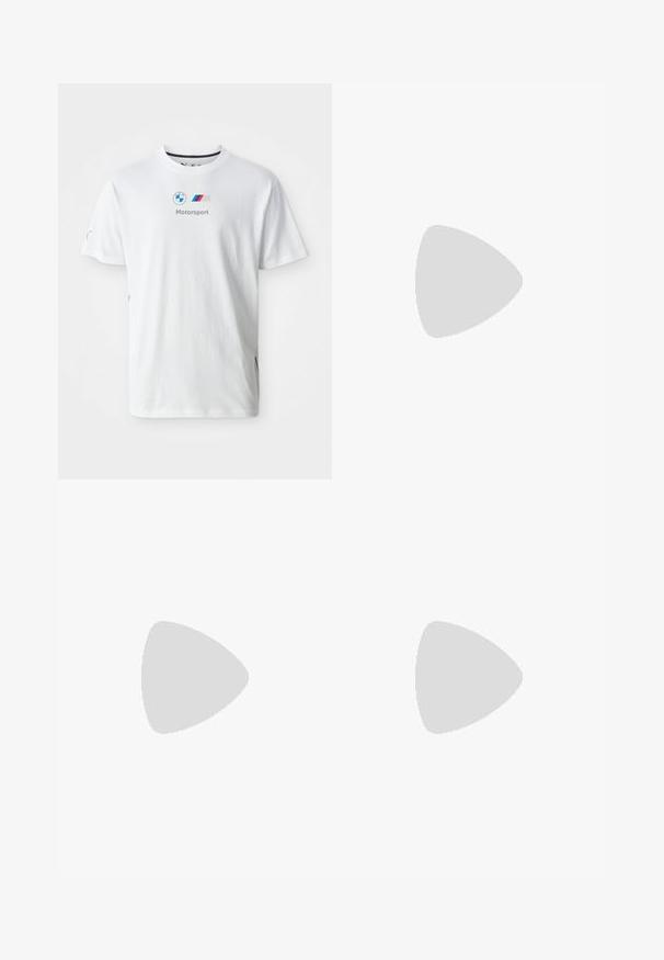 Hvid bomulds t-shirt med BMW-logoet, "Motorsport" tekst i grå og farverige accenter på siderne. Kortærmet og med rund halsdesign.; Grå denim wide-leg jeans med falmet tekstur, fem lommer og lukning med knap foran. Lige snit fra talje til kant.; Lysblå ruskindsneaker med hvide detaljer, tekstureret sidelayout, sort gummisul og guld logo. Designet til afslappet brug.; Sorte solbriller med en stor, vinkelret ramme, mørke linser og tynde, slanke stænger med et lille logo på den ene side.