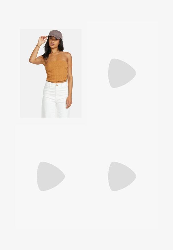 Strapless ribbed top in burnt orange paired with high-waisted white wide-leg pants. Model wears a gray cap with embroidered logo.; Cream-colored, loose-fitting trousers with an elastic waistband, drawstring, and eyelet detailing along the fabric and hem. Scalloped edges.; Brown flip-flop with textured rubber sole and thin straps. Sole is flat and wide, straps are rounded with a slight sheen.; Brown leather crossbody bag with a curved shape, gold hardware, and a buckle accent. Features a detachable shoulder strap.