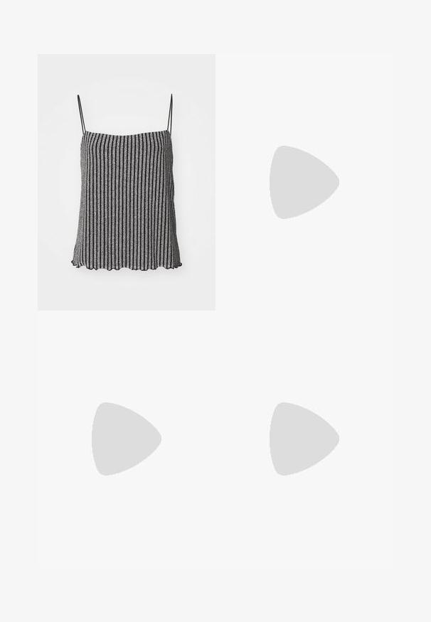 Black and silver striped camisole with thin adjustable straps, featuring a soft, textured fabric and a scalloped hemline.; Wide-leg denim pants in dark blue with a button waist closure, contrasting stitching, and a smooth texture. Tailored for a relaxed fit.; Silver heeled sandal with a block heel, featuring thin straps and an ankle buckle. The material has a metallic finish with a textured appearance.; Black leather shoulder bag with a curved shape, zip closure, and adjustable strap. Features embossed brand logo on the front.