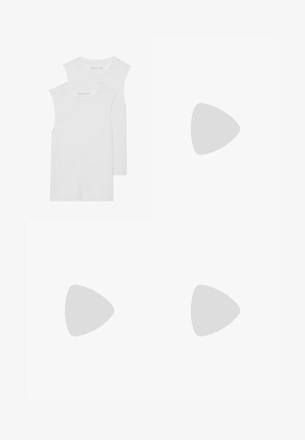Two white sleeveless T-shirts made of soft cotton fabric, featuring a rounded neckline and no visible patterns or hardware.; Beige wide-leg trousers made of lightweight fabric. Features a smooth texture, a fitted waist, and side pockets for functional detail.; Black patent leather pointed-toe shoes with a block heel and ankle strap, paired with gray ribbed leg warmers and a brown suede skirt.; Black faux leather handbag with a crocodile texture, cinched top, and a scrunched strap. Appears soft and compact in design.