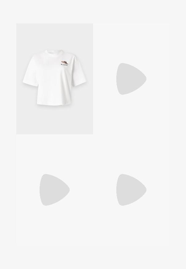 Bela kratka majica s kratkimi rokavi, ki prikazuje grafiko klobuka s črnim in zelenim vezenjem besede "BLAZING" na prsih.; Temno modri kavbojke z ravno nogo, srednje visokim pasom in blagim zbledelostjo na robovih. Opremljene so s petimi žepi in gumbom za zapiranje.; Sive satenaste športne čevlje z bež usnjenimi poudarki, tremi črtami in zlatim logotipom "adidas Tokio". Nizkokotni dizajn z teksturiranimi gumijastimi podplati.; Črna semiš torbica s ukrivljeno zasnovo, opremljena z nitnimi poudarki in teksturirano površino. Nastavljiv trak z zakovicami vzdolž roba.