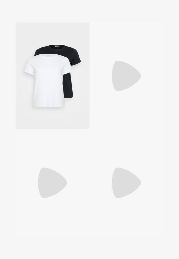 Due due T-shirt, una bianca e una nera, con maniche corte, collo rotondo e una texture di cotone liscia.; Shorts in denim nero con taglio dritto, caratterizzati da orli arrotolati, chiusura frontale con bottone e tasche laterali. Texture liscia e design minimale.; Sandalo con tacco quadrato in argento, con una sottile cinghia alla caviglia e un piccolo tacco a blocco. Superficie metallica liscia e design minimalista.; Occhiali da sole neri a forma ovale con lenti scure, montatura in metallo sottile e tempie dritte. Presentano il logo del marchio sulla parte interna della stanghetta e i cuscinetti per il naso.; Borsa in vernice bianca con forma strutturata, manico superiore e chiusura a patta frontale. Presenta accenti argentati minimalisti.