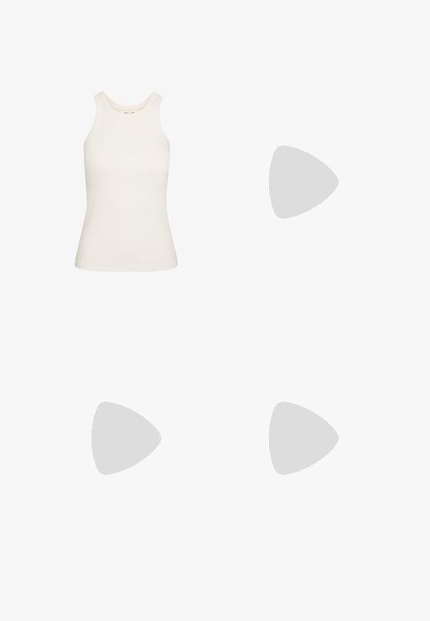 White tank top made of stretchy ribbed fabric, featuring a round neckline and sleeveless design. Smooth texture, fitted shape.; Leopard print pants in beige and black fabric. Features a straight leg design and two front pockets. Mid-rise waist with a button closure.; Beige suede clogs with a rounded toe, adjustable strap and buckle, cork midsole, and textured black rubber sole for traction.; Yellow transparent sunglasses with oval green lenses. Features curved arms and subtle design accents on temples. Plastic material.