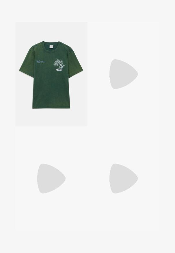 Dark green short-sleeve t-shirt with round neck, featuring white text "Filling Pieces" and a floral gramophone graphic on the chest.; Straight fit blue denim jeans with front button, zipper closure, and five pockets, displayed on a white background.; Light beige leather sneakers with flat laces, a textured surface, and a contrasting cream-colored rubber sole, paired with black tapered pants.; Black leather briefcase with dual top handles, a front pocket, and a detachable strap, featuring subtle branding at the bottom.